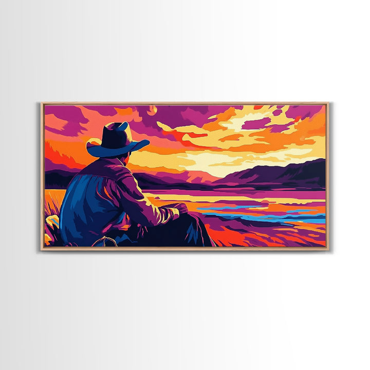 Cowboy Sunset, western art, landscape painting, rustic decor, panoramic art, farmhouse art, Framed Canvas Print, gift idea, extra wide art