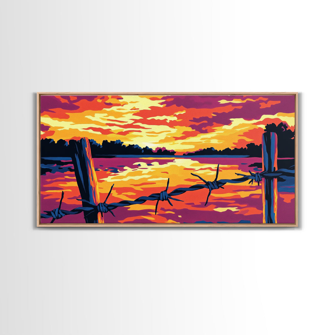 Barbed wire, rustic fence, cowboy art, sunset glow, farmhouse wall art, panoramic painting, western landscape, framed canvas print