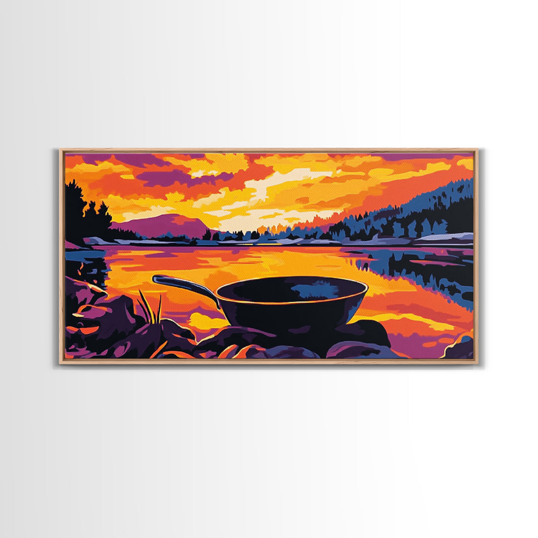 Cast iron pan, outdoor cooking, cowboy camping, rustic kitchen decor, lakeside sunset, nostalgic western art, framed canvas print