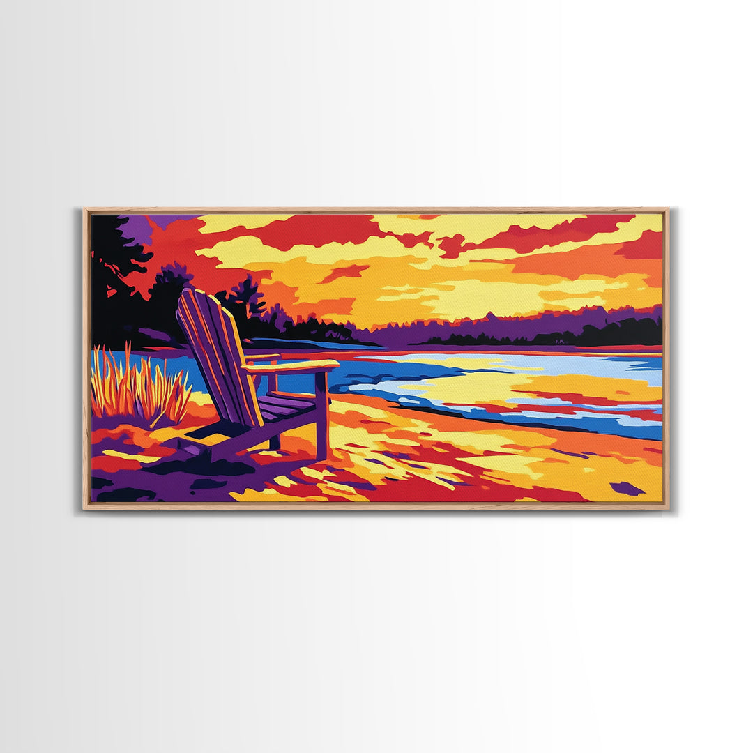 Adirondack chair, lake view, relaxing sunset, cabin art, rustic landscape, extra wide art, nature lover decor, canvas print