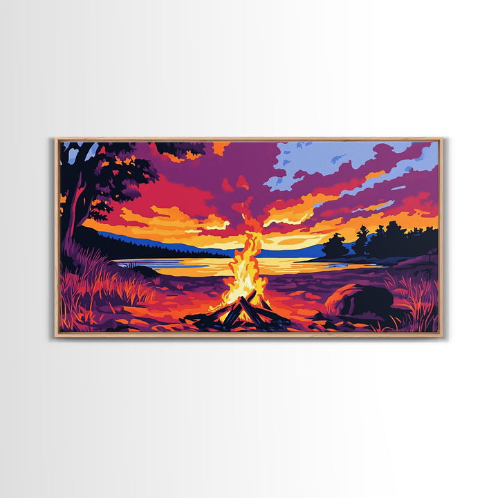 Bonfire, lakeside evening, autumn wall art, warm sunset painting, outdoor adventure art, extra wide art, framed canvas print