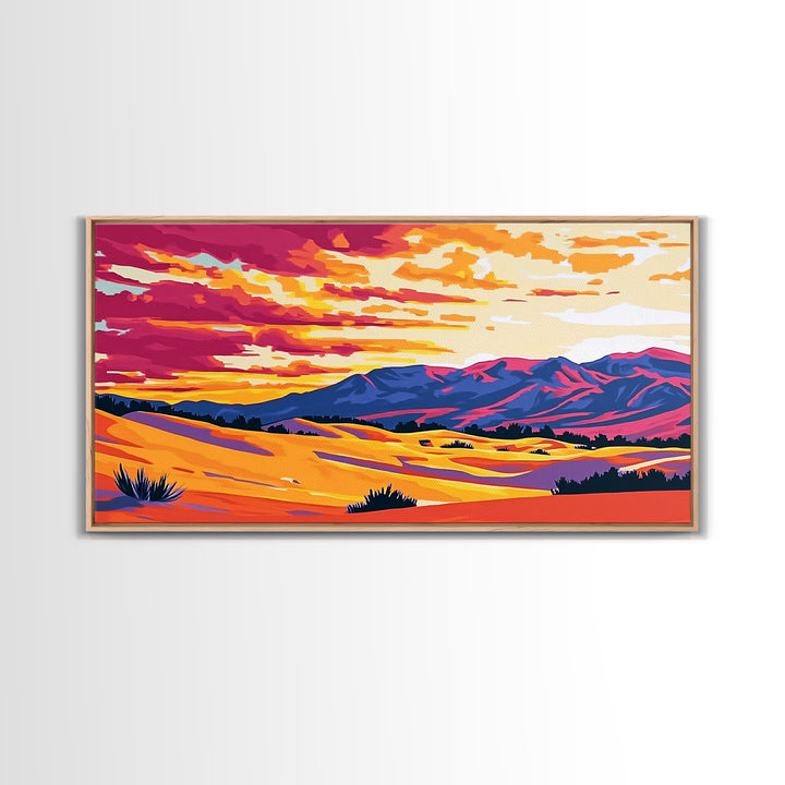 Desert dunes, mountain painting, western sunset, scenic landscape art, minimalist boho decor, panoramic art, framed canvas print