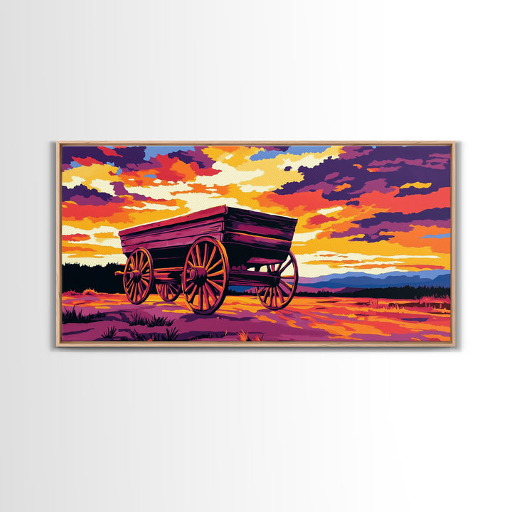 Covered wagon, prairie landscape, rustic western art, historical painting, farmhouse decor, extra wide art, framed canvas print
