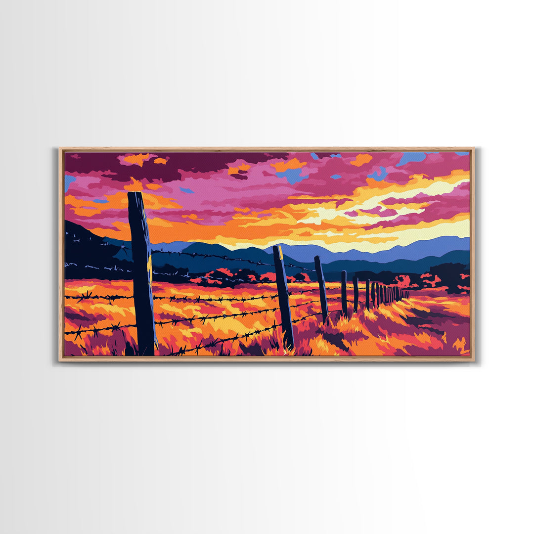 Barbed Fence, rustic art, country painting, extra wide art, farmhouse wall art, landscape painting, horizontal wall art, Framed Canvas Print