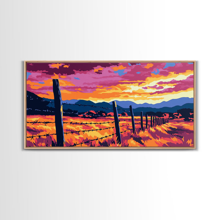 Barbed Fence, rustic art, country painting, extra wide art, farmhouse wall art, landscape painting, horizontal wall art, Framed Canvas Print