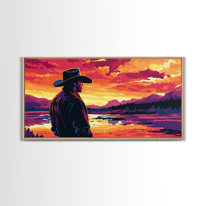 Cowboy Silhouette, Western Art, Southwest Wall Art, Rustic Decor, Moody Art, Framed Canvas Print, Gift Idea, Panoramic Art, Horizontal Wall Art