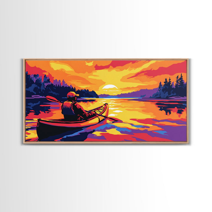 Kayaker at Sunset, fisherman painting, nautical painting, coastal landscape art, rustic decor, panoramic painting, canvas print