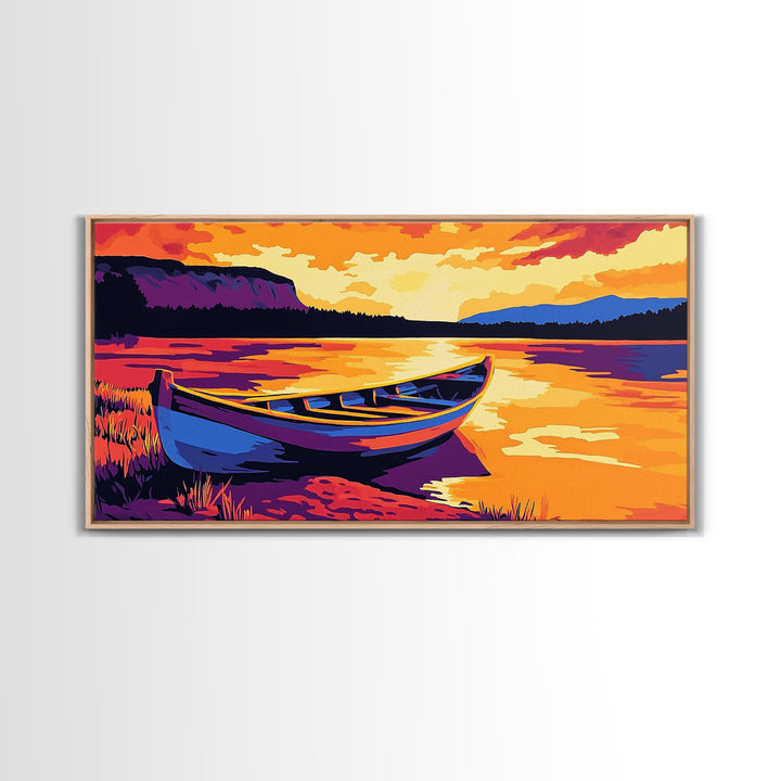 Boat on the Shore, nautical painting, seascape painting, rustic decor, above couch art, panoramic painting, extra wide art, canvas print