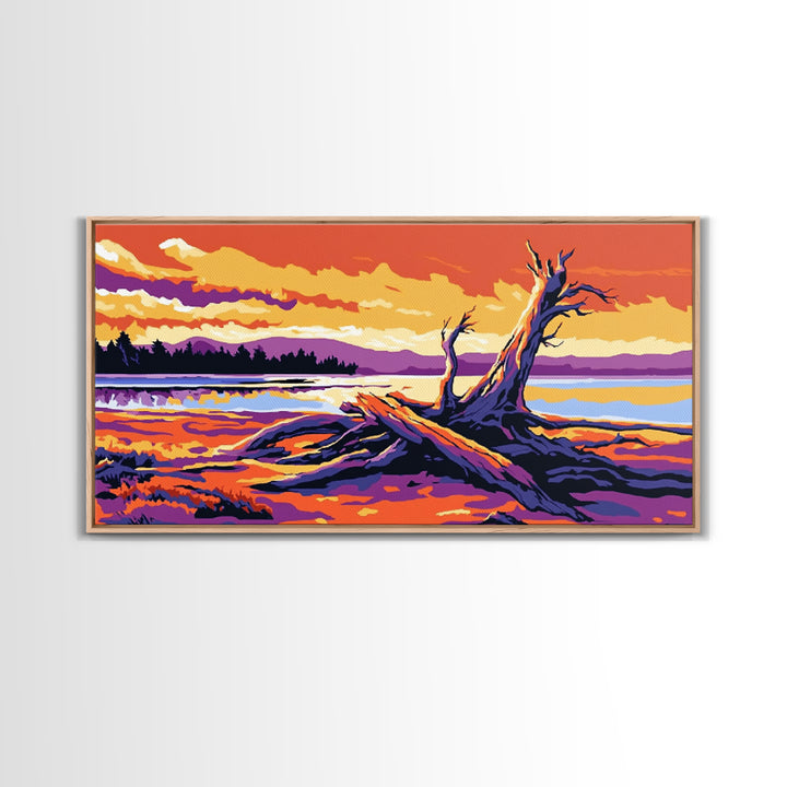 Driftwood Beach Scene, coastal landscape art, nautical painting, rustic wall art, ocean sunset art, panoramic art, framed canvas print