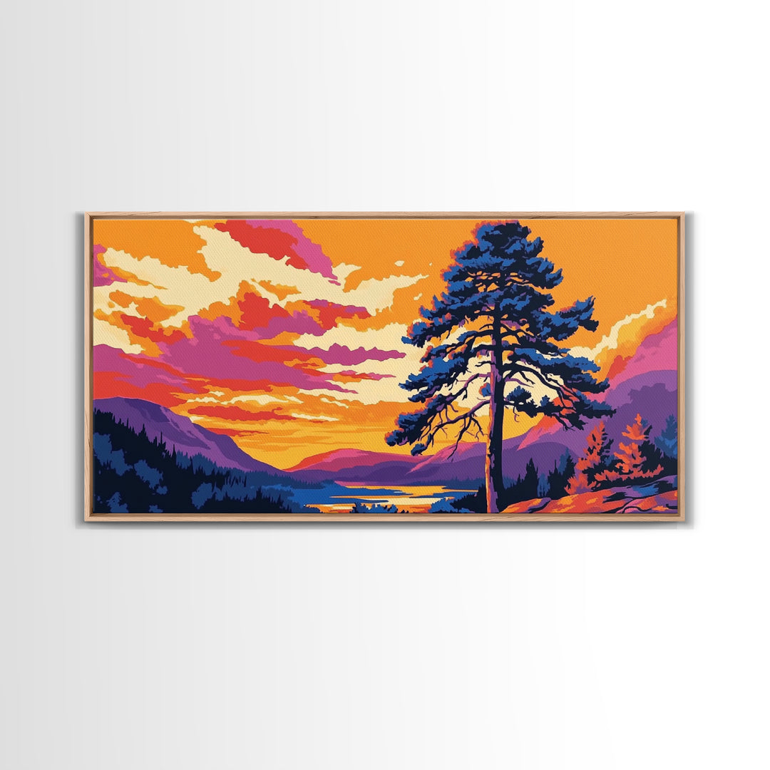 Pine Tree Sunset, smoky mountain art, Joshua tree art, landscape painting, rustic decor, extra wide wall art, framed canvas print