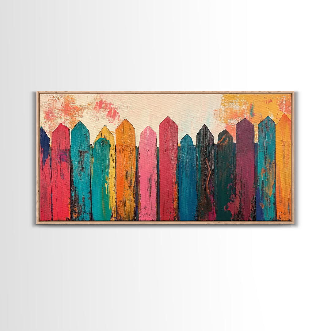 Rustic Fence Art, farmhouse art, rustic wall art, wabi sabi art, colorful wood painting, extra wide art, canvas print, southwestern decor