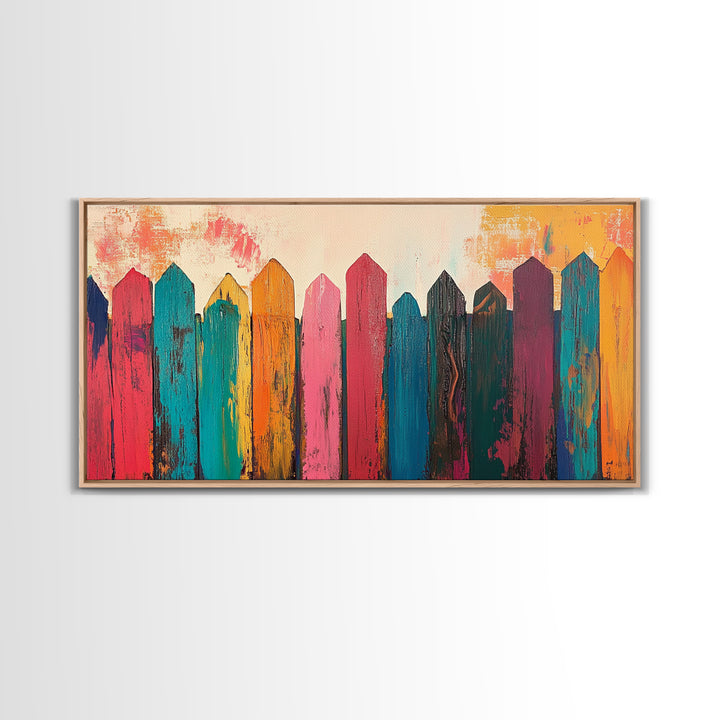 Rustic Fence Art, farmhouse art, rustic wall art, wabi sabi art, colorful wood painting, extra wide art, canvas print, southwestern decor