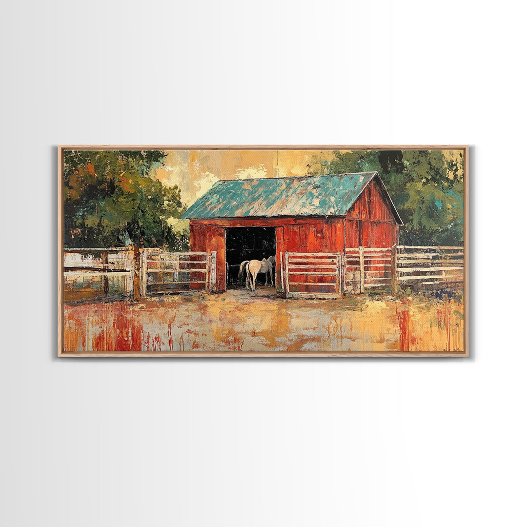 Rustic Barn Scene, barn landscape oil painting, western wall art, farmhouse decor, rural life painting, extra wide art, framed canvas print, wabi sabi art