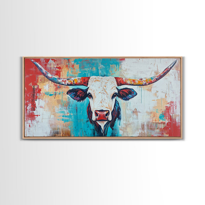 Colorful Longhorn Art, rustic wall art, farmhouse art, southwest wall art, bold animal painting, extra wide art, canvas print, wabi sabi art