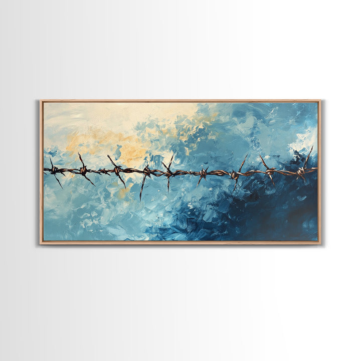 Barbed Wire, Rustic Wall Art, Southwest Art, Minimalist Art, Moody Painting, Extra Wide Art, Western Landscape Art, Framed Canvas Print
