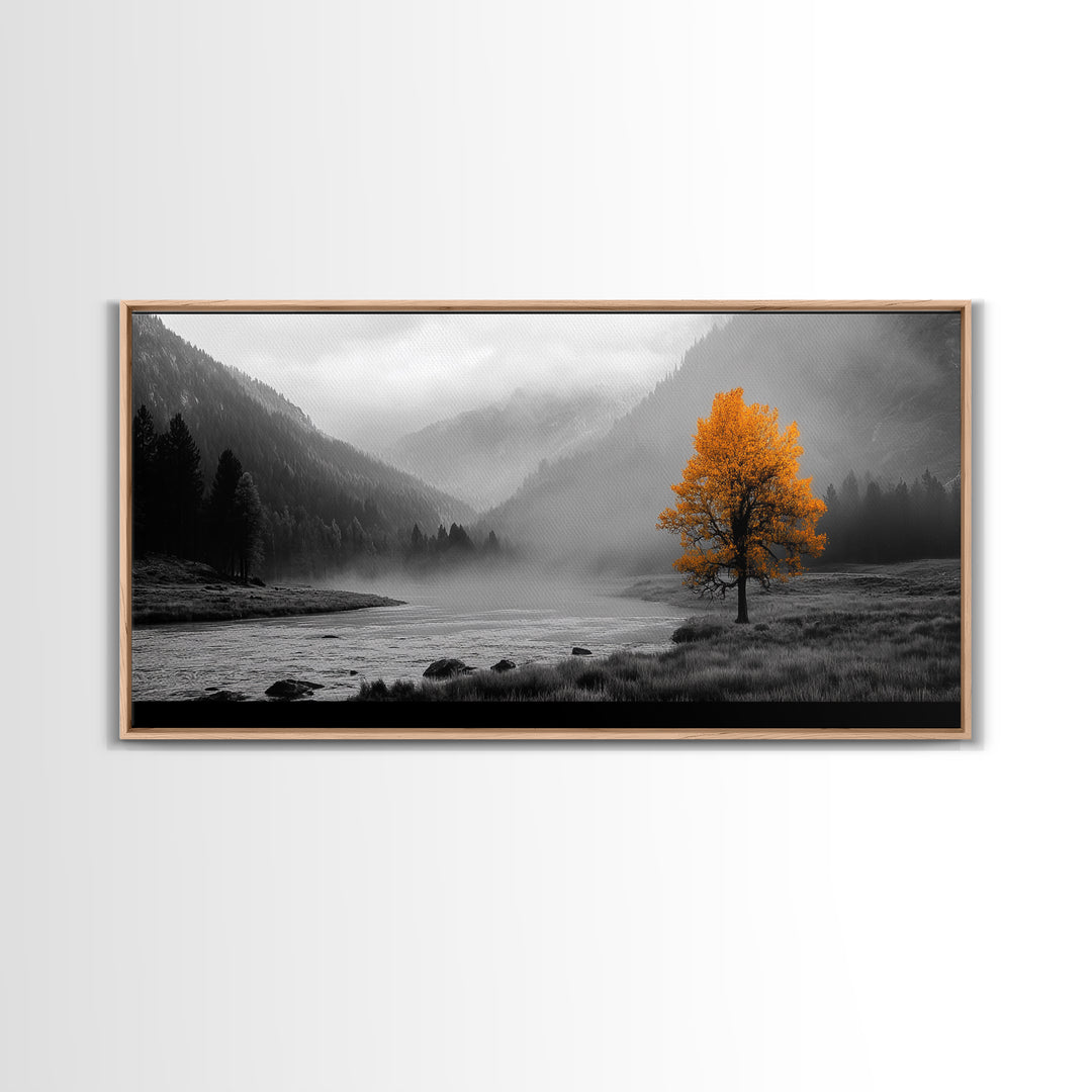 Autumn Tree in Fog, smoky mountain art, pine tree art, wabi sabi art, forest at dusk painting, fall wall art, rustic decor, Framed Canvas Print