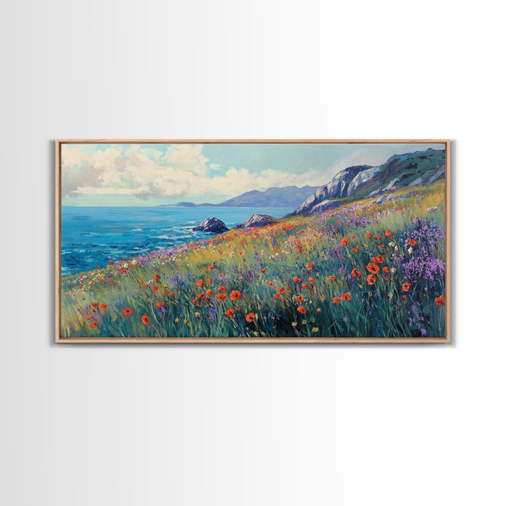 Coastal Wildflower Art, Framed Canvas Print, Poppy Wall Art, Coastal Landscape Art, Seascape Painting, Extra Wide Art, Above Couch Art
