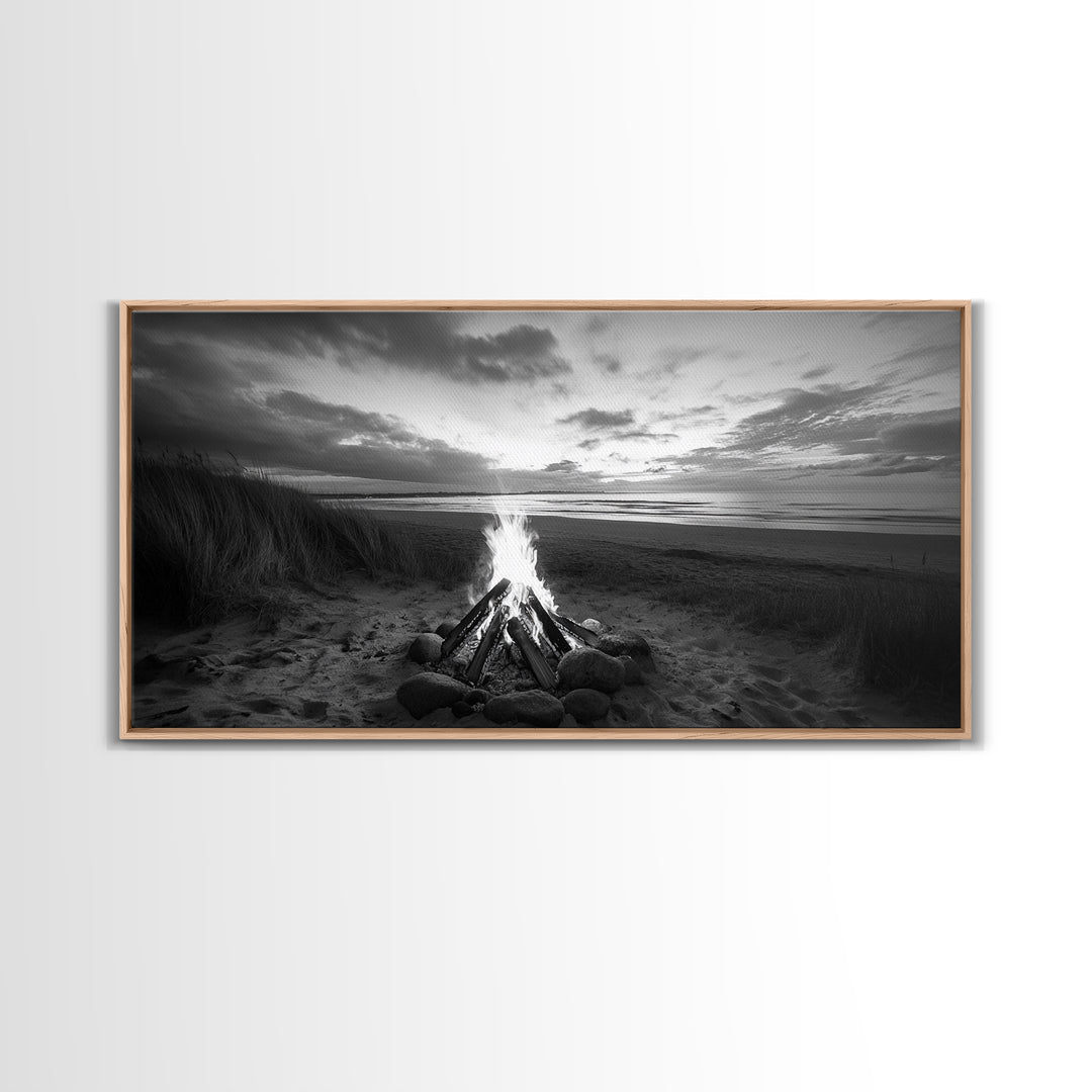 Bonfire on Beach, coastal decor, nautical painting, rustic art, beach sunset print, seascape painting, landscape painting, Framed Canvas Print