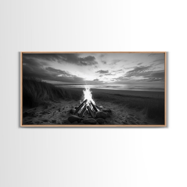 Bonfire on Beach, coastal decor, nautical painting, rustic art, beach sunset print, seascape painting, landscape painting, Framed Canvas Print