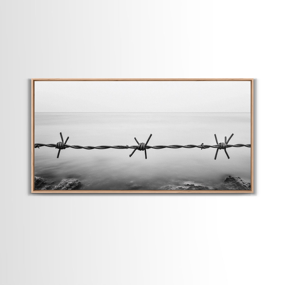 Barbed Wire, rustic decor, farmhouse art, minimalist black and white, modern wabi sabi wall art, textured art, panoramic art, Canvas Print