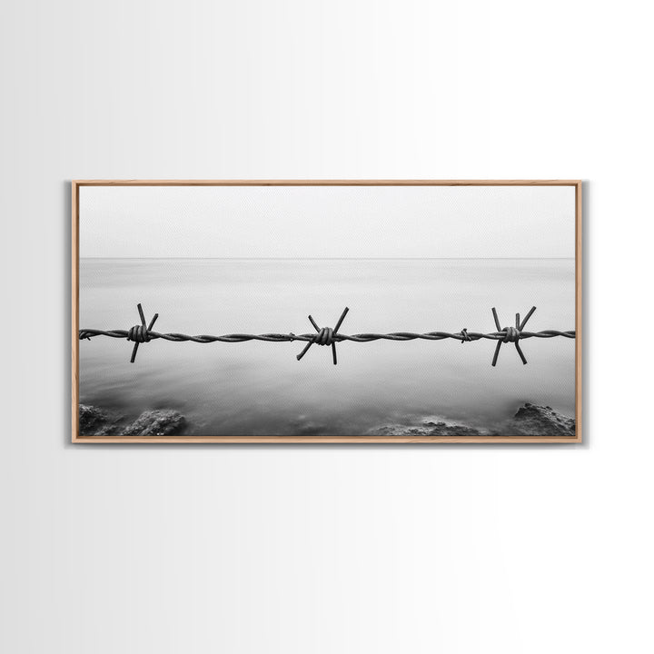 Barbed Wire, rustic decor, farmhouse art, minimalist black and white, modern wabi sabi wall art, textured art, panoramic art, Canvas Print