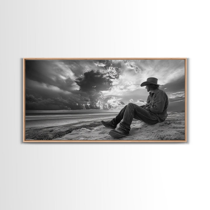 Cowboy on Beach, Moody Art, Western Wall Art, Dramatic Sky Print, Rustic Decor, Coastal Cowgirl Aesthetic, Framed Canvas Print, Scenic View