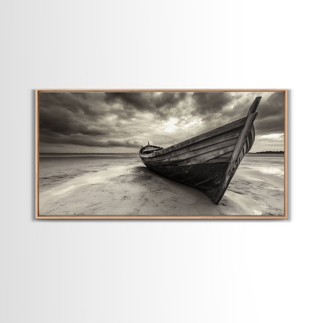 Abandoned Boat, Nautical Wall Art, Coastal Decor, Seascape Painting, Rustic Wall Art, Dramatic Sky, Framed Canvas Print, Panoramic Art