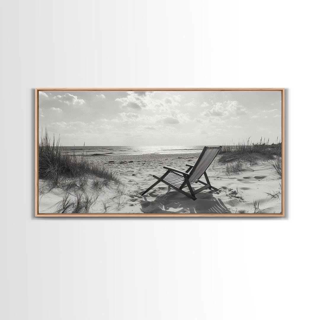 Beach Chair, Coastal Landscape Art, Minimalist Art, Wabi Sabi Art, Ocean View Print, Relaxing Decor, Framed Canvas Print, Nautical Wall Art
