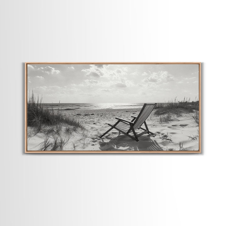 Beach Chair, Coastal Landscape Art, Minimalist Art, Wabi Sabi Art, Ocean View Print, Relaxing Decor, Framed Canvas Print, Nautical Wall Art