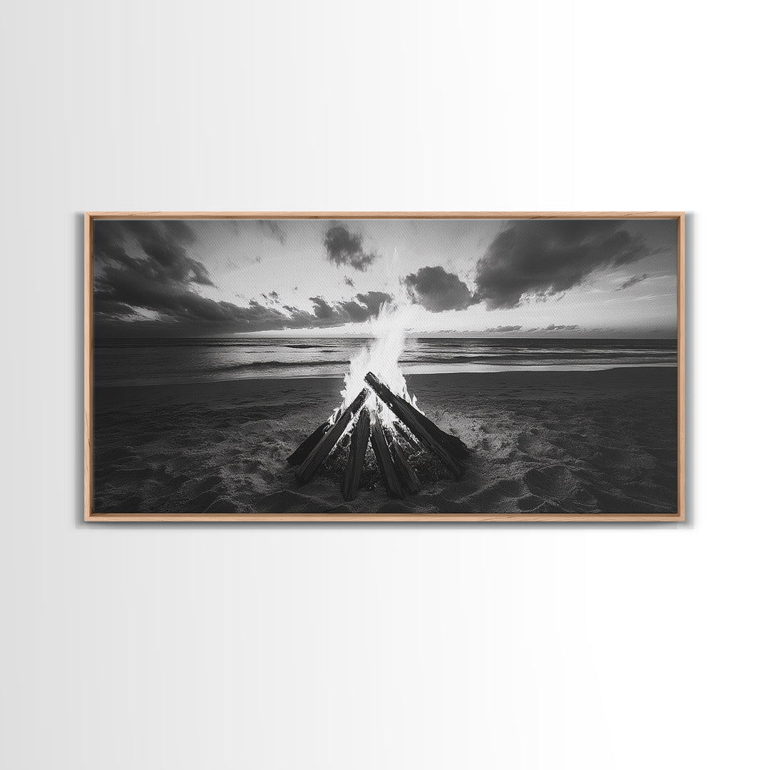 Bonfire On Beach, Coastal Wall Art, Moody Art, Extra Wide Art, Sunset Wall Art, Panoramic Art, Rustic Wall Art, Framed Canvas Print