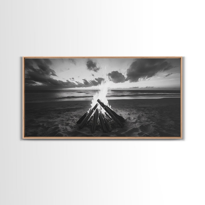 Bonfire On Beach, Coastal Wall Art, Moody Art, Extra Wide Art, Sunset Wall Art, Panoramic Art, Rustic Wall Art, Framed Canvas Print