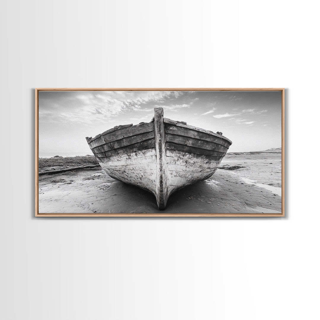 Beached Boat, Nautical Wall Art, Rustic Decor, Coastal Landscape Art, Extra Wide Art, Panoramic Painting, Canvas Print