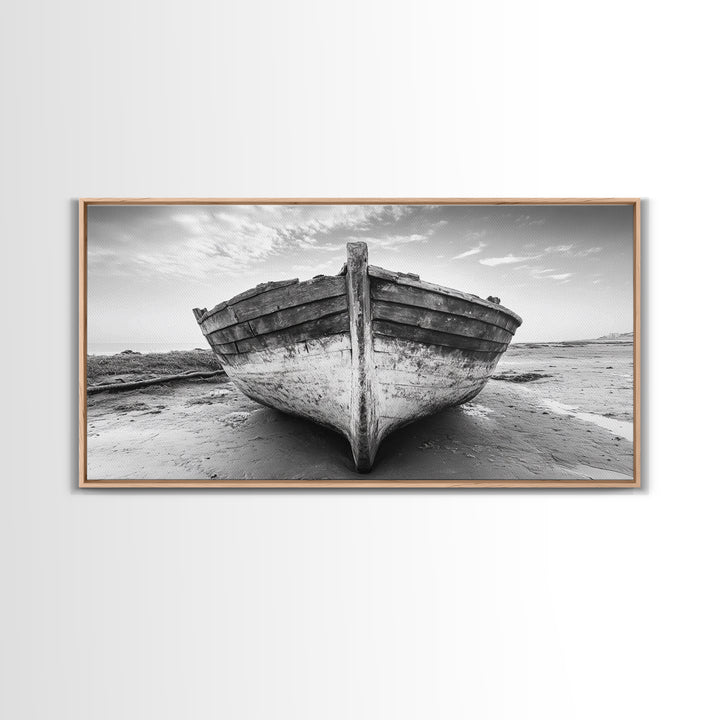 Beached Boat, Nautical Wall Art, Rustic Decor, Coastal Landscape Art, Extra Wide Art, Panoramic Painting, Canvas Print