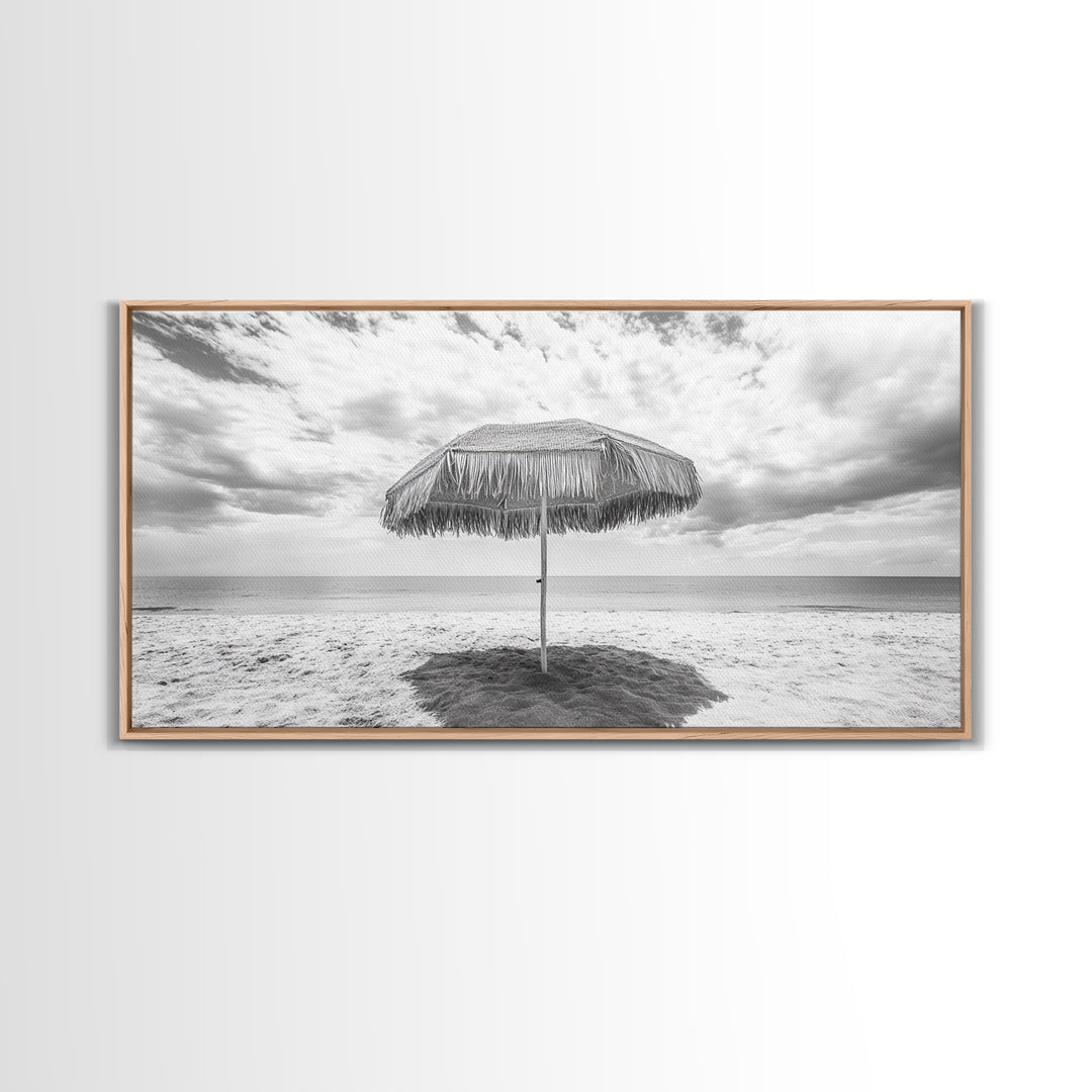 Beach Umbrella, Coastal Wall Art, Minimalist Art, Panoramic Art, Nautical Decor, Extra Wide Art, Coastal Landscape Art, Canvas Print