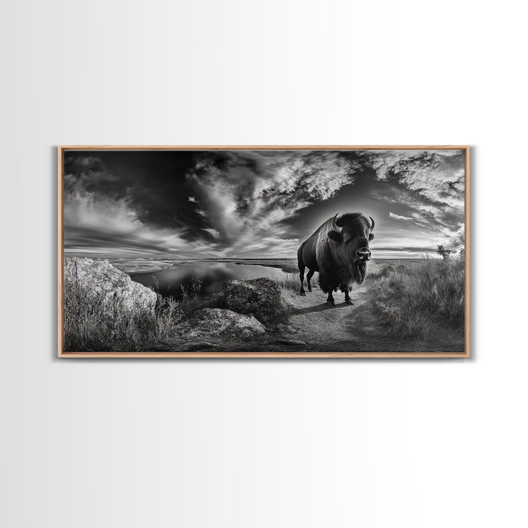 Bison Landscape, Southwest Wall Art, Rustic Wall Art, Moody Art, Panoramic Art, Extra Wide Art, Nature Wall Art, Framed Canvas Print