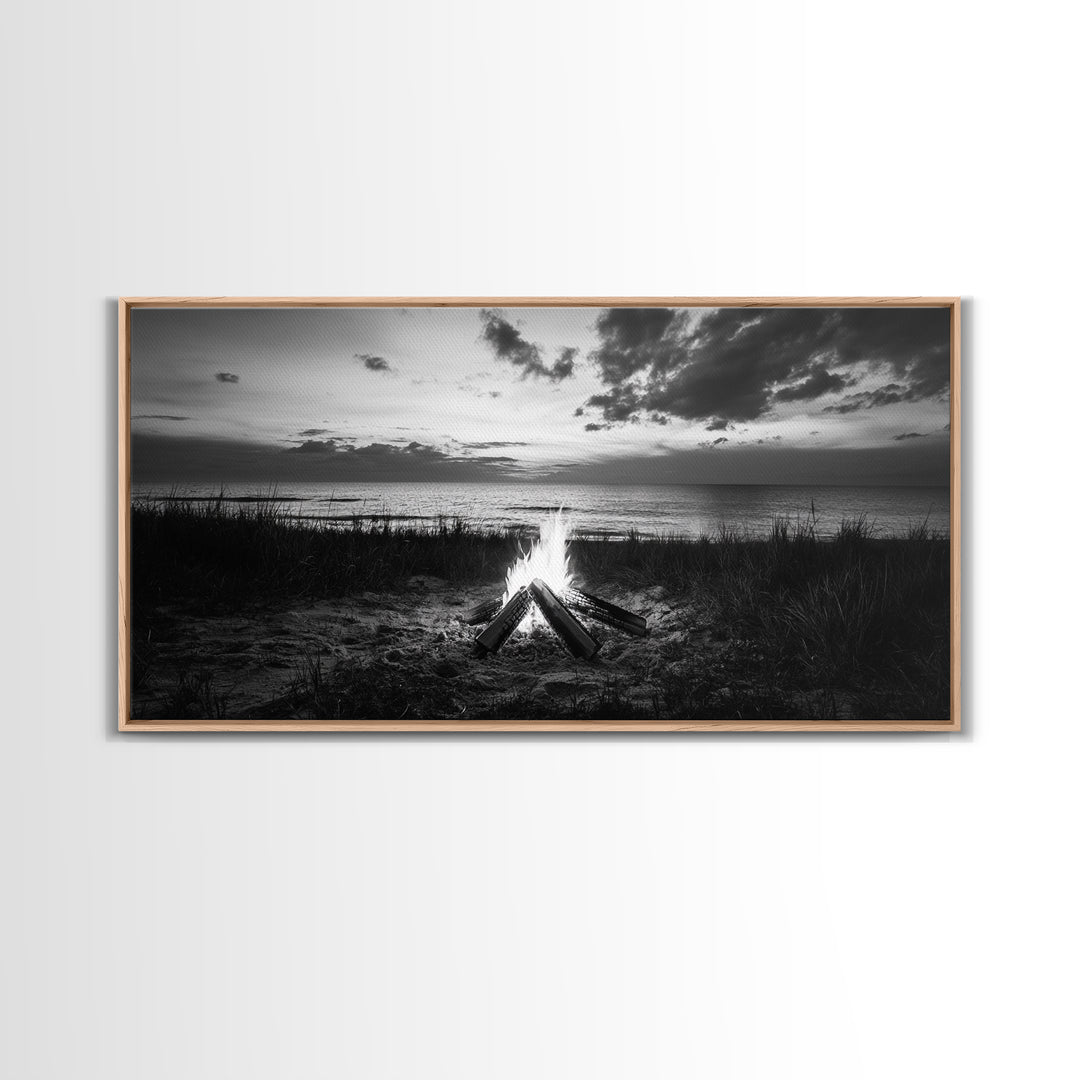 Beach Bonfire, coastal decor, nautical wall art, seascape painting, moody art, rustic wall art, dark romance painting, Canvas Print