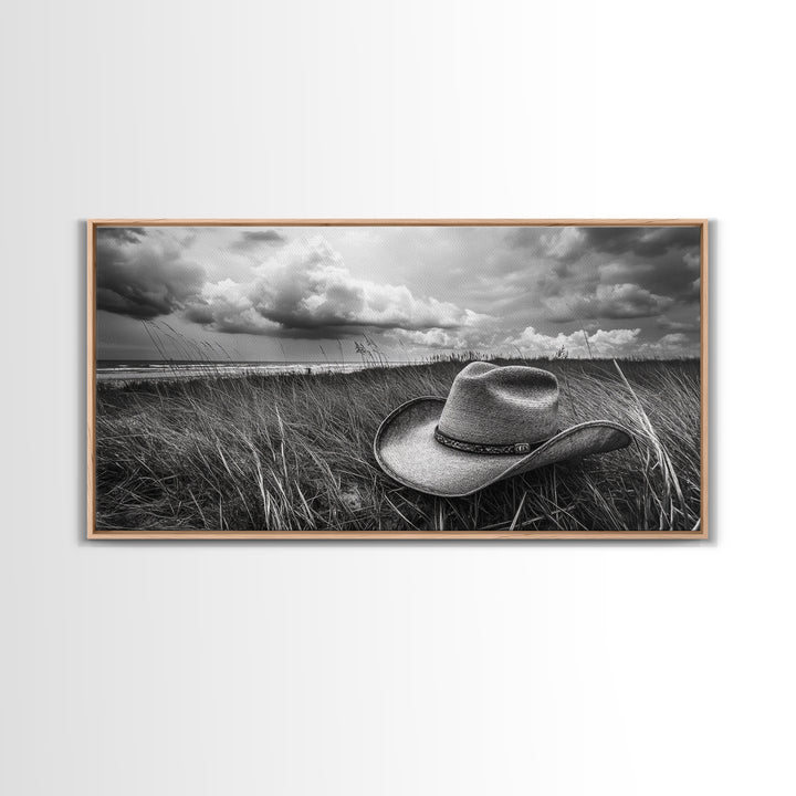 Cowboy Hat, rustic decor, wabi sabi art, western painting, southwest wall art, boho art, moody photography, Framed Canvas Print
