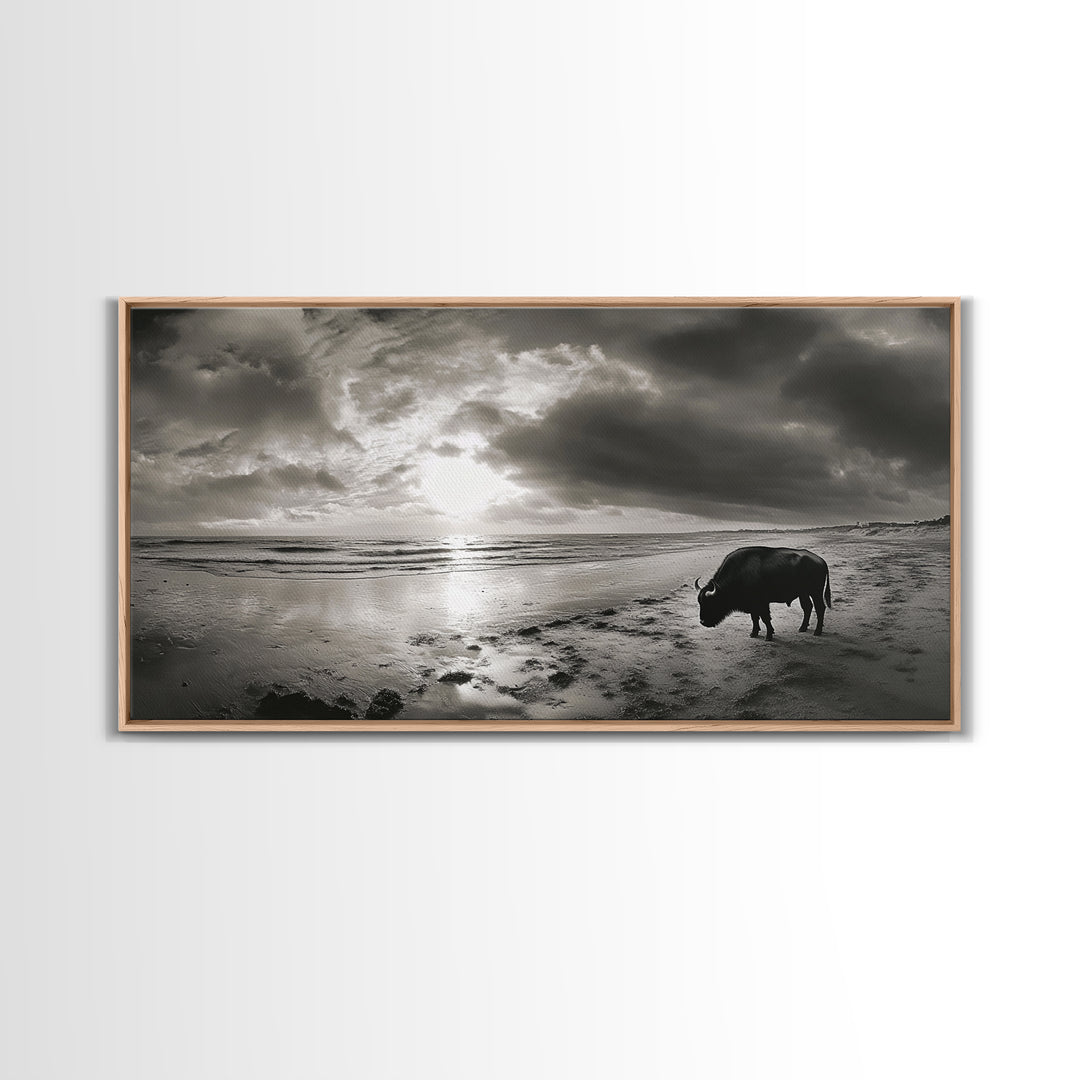 Buffalo, seascape painting, coastal landscape art, rustic decor, farmhouse art, panoramic painting, extra wide art, framed canvas print