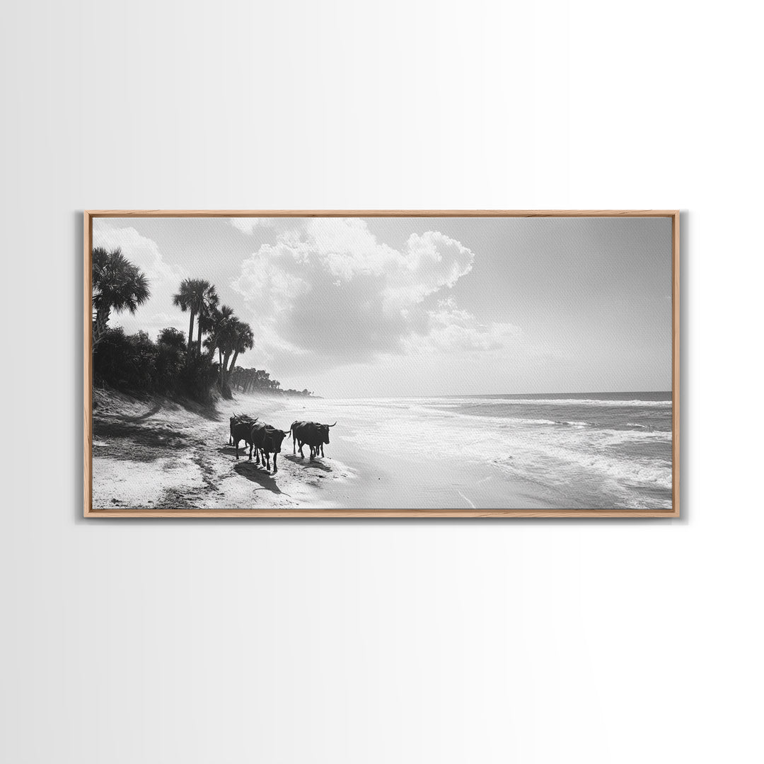 Cattle on beach, coastal cowgirl wall art, rustic decor, farmhouse art, landscape painting, panoramic painting, extra wide art, framed canvas print