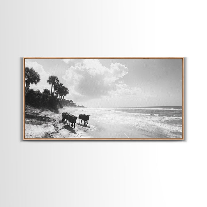 Cattle on beach, coastal cowgirl wall art, rustic decor, farmhouse art, landscape painting, panoramic painting, extra wide art, framed canvas print
