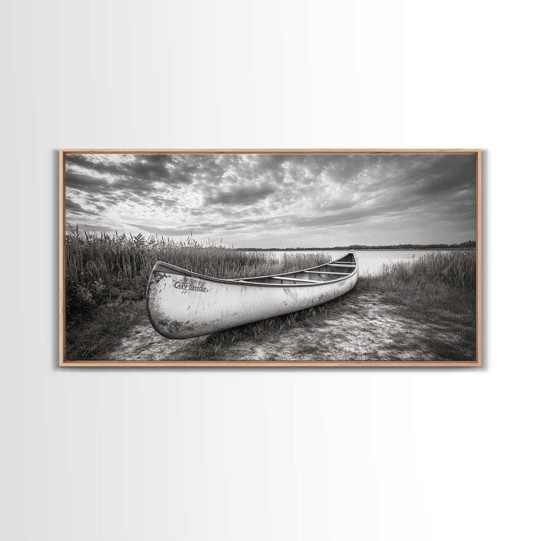 Canoe, lake, coastal cowgirl wall art, rustic decor, farmhouse art, panoramic art, horizontal wall art, extra wide art, framed canvas print