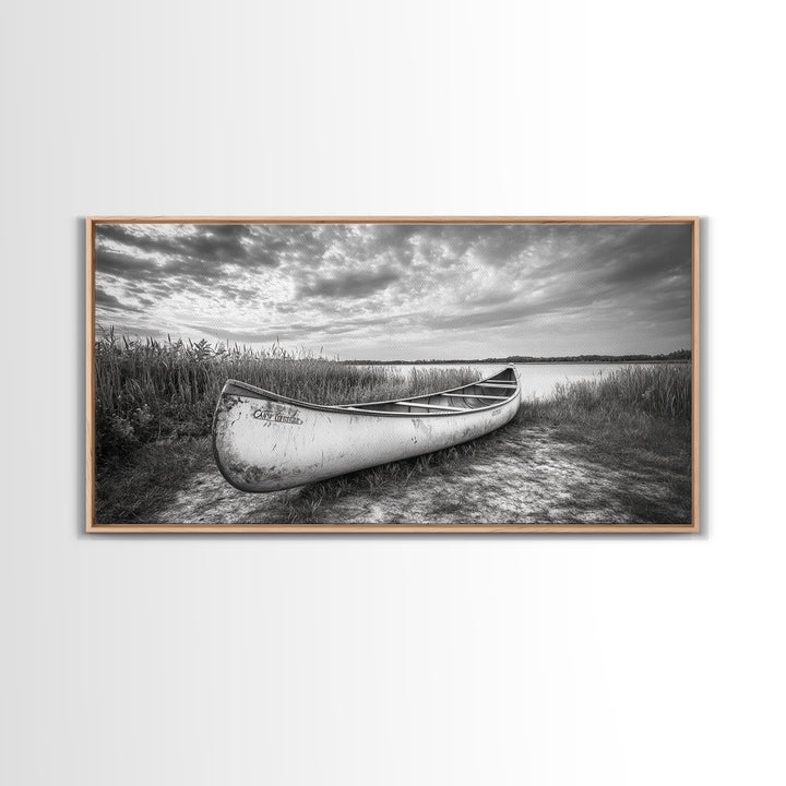 Canoe, lake, coastal cowgirl wall art, rustic decor, farmhouse art, panoramic art, horizontal wall art, extra wide art, framed canvas print