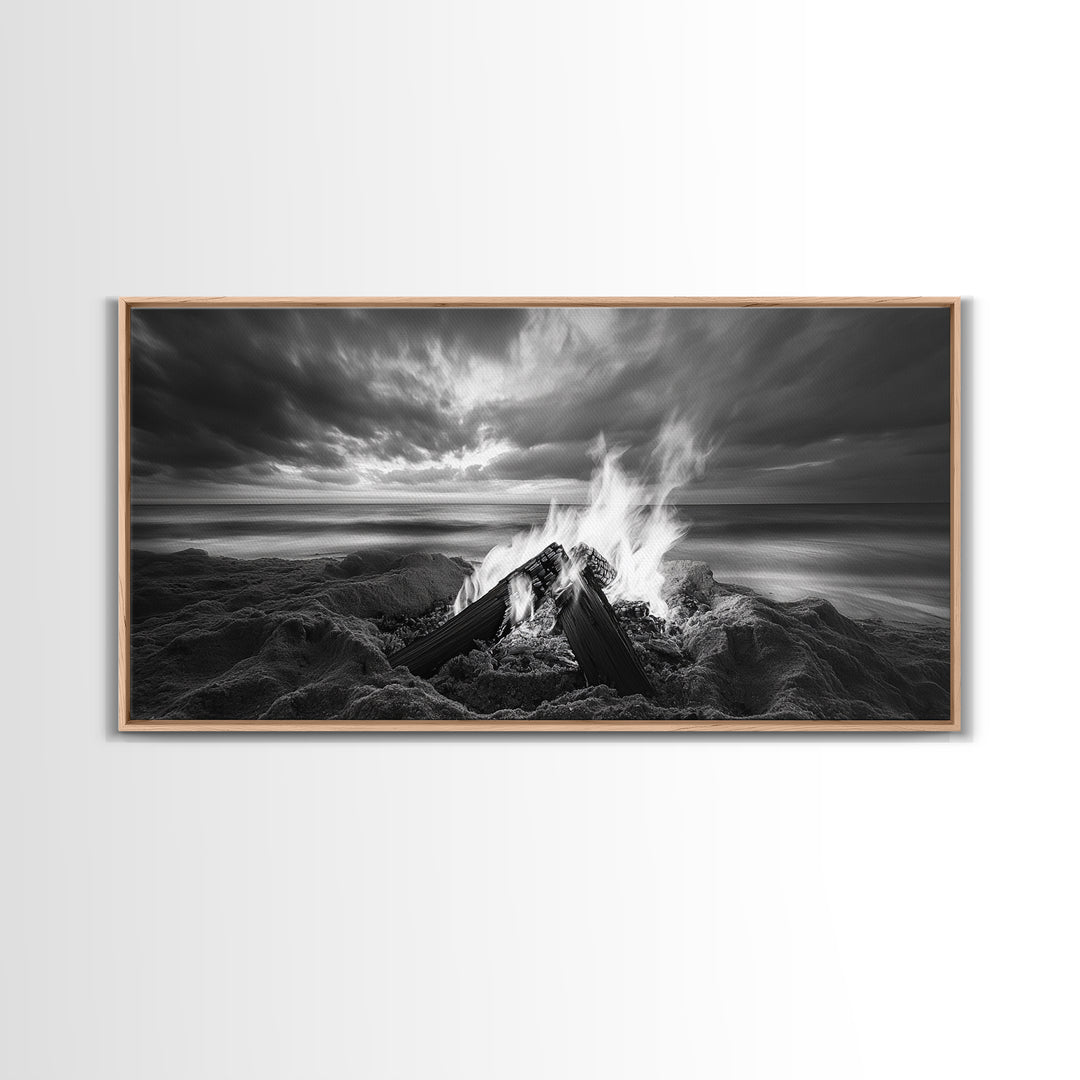Beach bonfire, moody art, seascape painting, coastal decor, extra wide art, panoramic painting, above bed wall art, framed canvas print