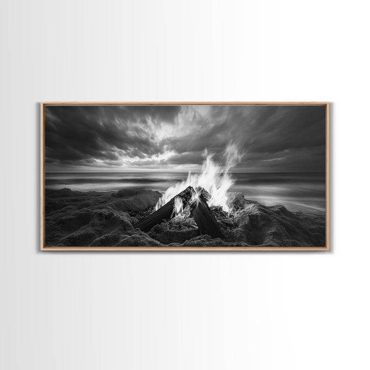 Beach bonfire, moody art, seascape painting, coastal decor, extra wide art, panoramic painting, above bed wall art, framed canvas print