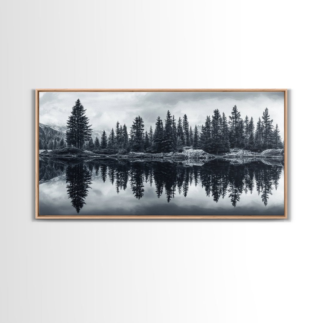 Pine tree reflection, moody art, mountain painting, pine tree art, rustic decor, panoramic art, extra wide art, framed canvas print