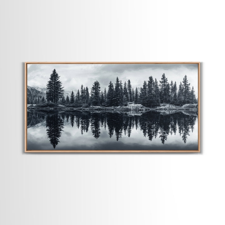 Pine tree reflection, moody art, mountain painting, pine tree art, rustic decor, panoramic art, extra wide art, framed canvas print