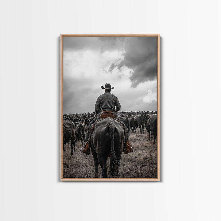 Cowboy, western art, cattle drive, ranch wall decor, framed canvas print, rustic farmhouse art, moody cowboy, country life painting