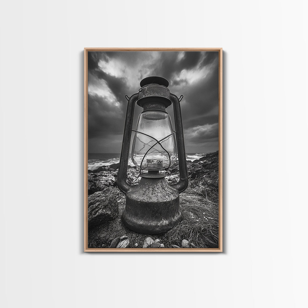 Stormy Lantern by the Sea, nautical decor, moody art, seascape painting, coastal painting, rustic wall art, framed canvas print
