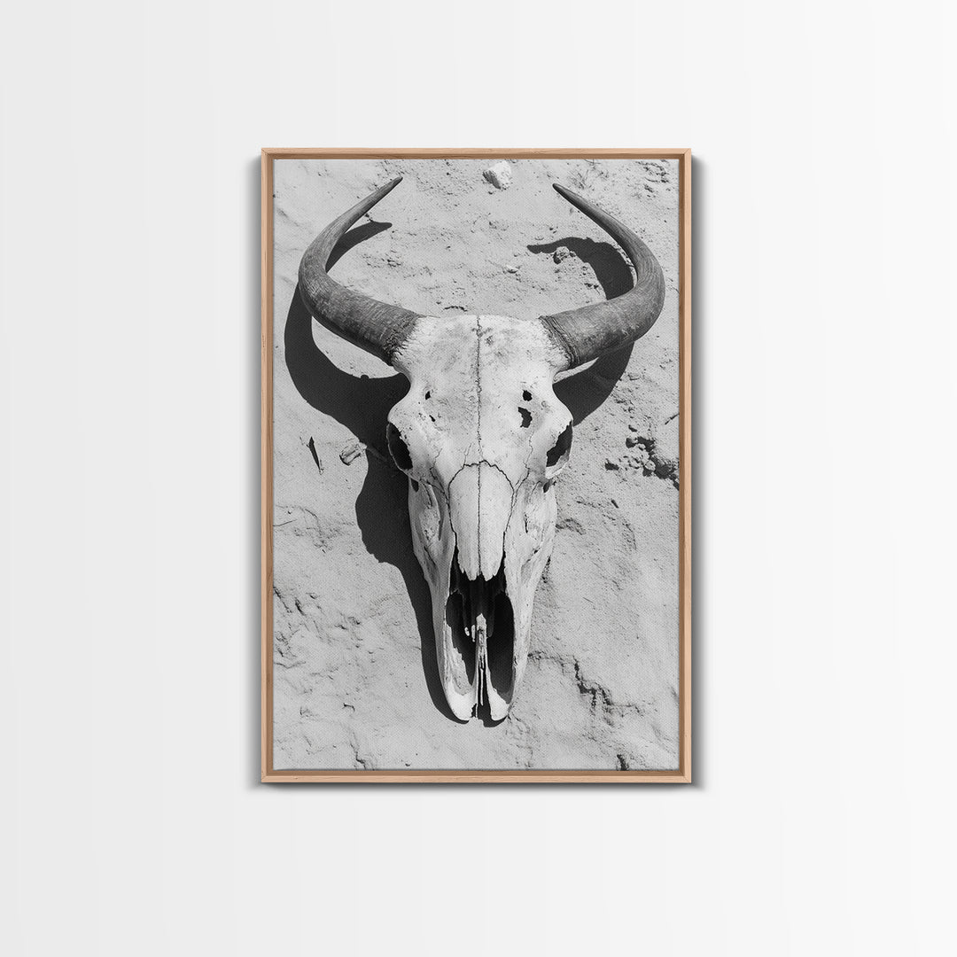 Bull skull, desert aesthetic, cowboy art, rustic decor, black and white photography, boho art, framed canvas print, western wall art
