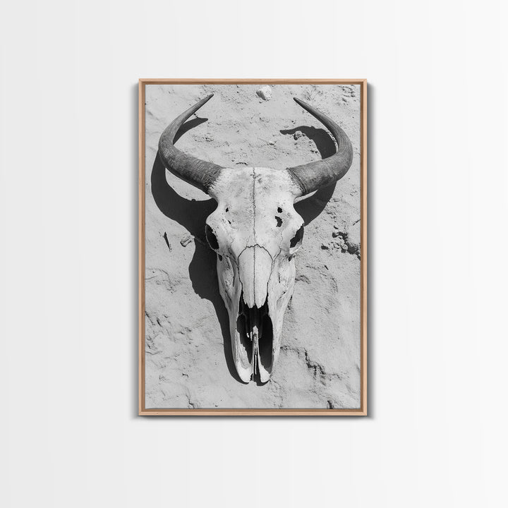 Bull skull, desert aesthetic, cowboy art, rustic decor, black and white photography, boho art, framed canvas print, western wall art